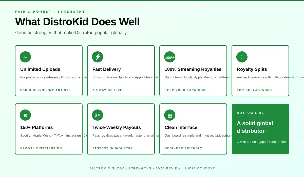 DistroKid strengths and pros - unlimited uploads, fast delivery, 100% royalties, royalty splits and 150 plus platforms