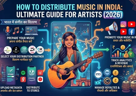 How to distribute music in India step by step guide showing Spotify JioSaavn Apple Music Gaana Wynk and 150+ streaming platforms for independent artists 2026