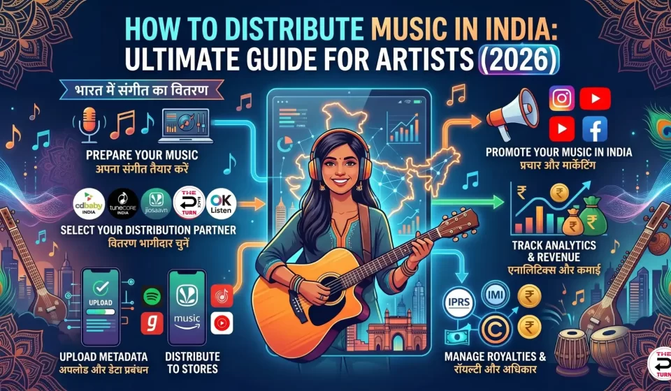 How to distribute music in India step by step guide showing Spotify JioSaavn Apple Music Gaana Wynk and 150+ streaming platforms for independent artists 2026