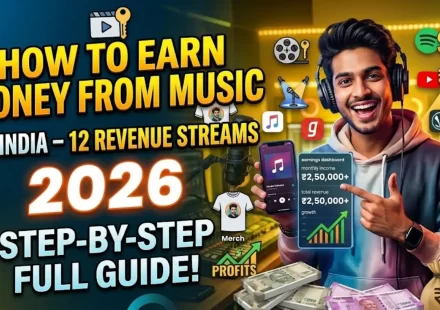How to earn money from music in India 2026 showing 12 revenue streams including streaming royalties caller tune YouTube Content ID live shows and sync licensing for independent artists