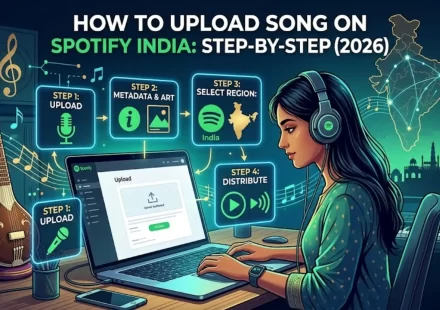 How to upload song on Spotify India step by step guide for independent artists showing Spotify app music distribution process and Spotify for Artists dashboard 2026