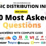 Music distribution India 50 most asked questions answered 2026 complete FAQ guide for independent artists showing Spotify JioSaavn Gaana Apple Music and 150+ streaming platforms by The Black Turn