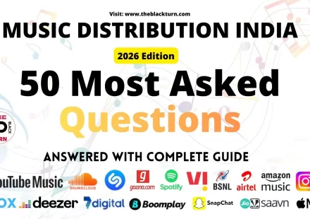 Music distribution India 50 most asked questions answered 2026 complete FAQ guide for independent artists showing Spotify JioSaavn Gaana Apple Music and 150+ streaming platforms by The Black Turn