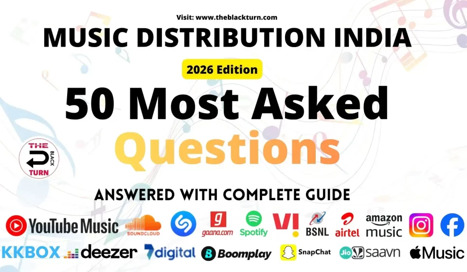 Music distribution India 50 most asked questions answered 2026 complete FAQ guide for independent artists showing Spotify JioSaavn Gaana Apple Music and 150+ streaming platforms by The Black Turn