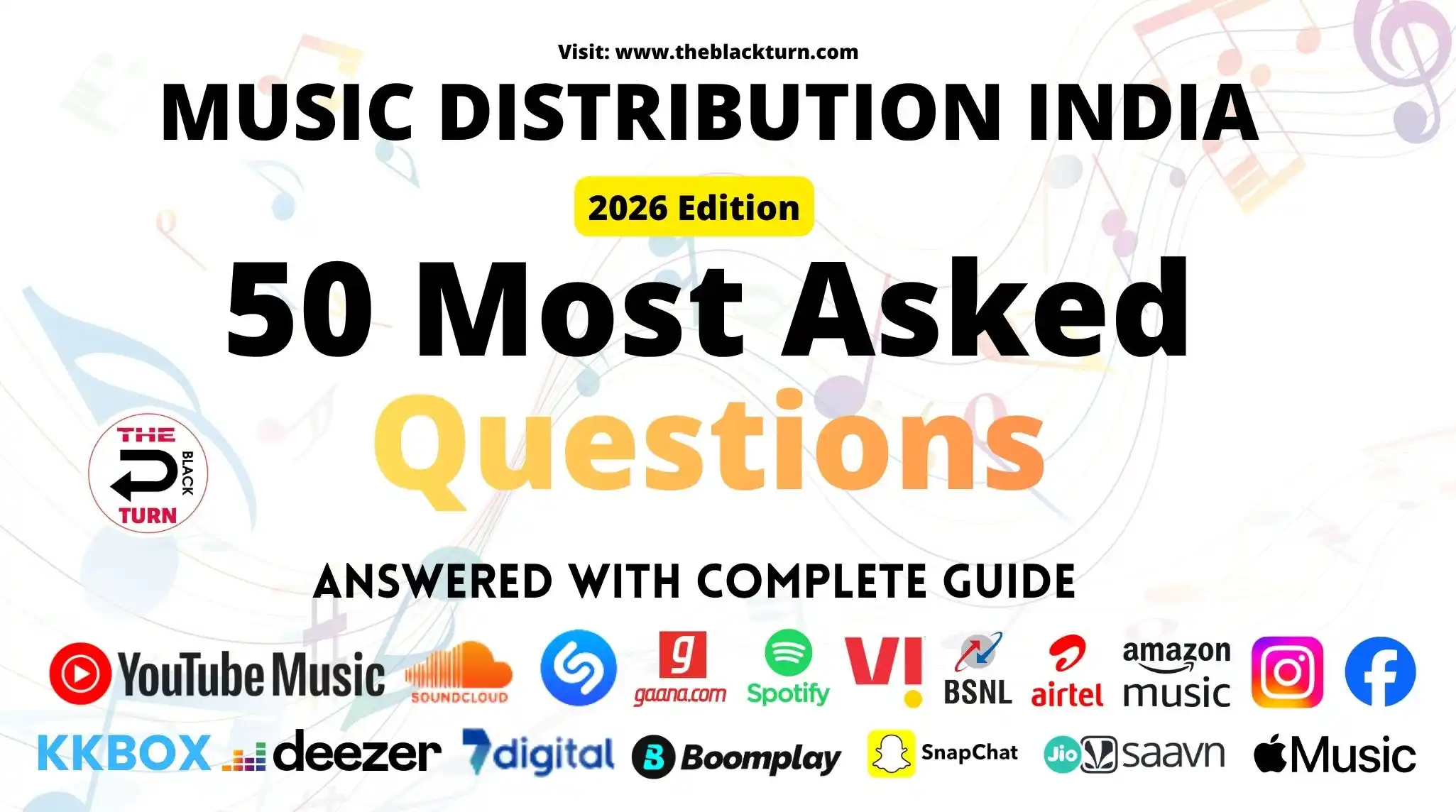 Music distribution India 50 most asked questions answered 2026 complete FAQ guide for independent artists showing Spotify JioSaavn Gaana Apple Music and 150+ streaming platforms by The Black Turn