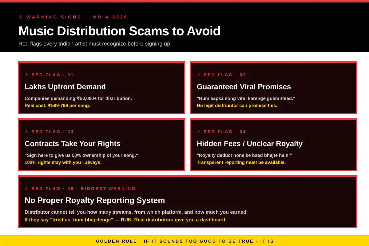 Top Music Distribution Companies in India - Complete Comparison 26 Music distribution India warning signs to avoid - 5 red flags including upfront lakhs demand, viral guarantees, rights grab contracts and hidden fees