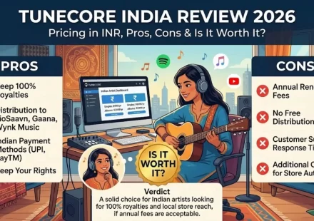 TuneCore India review 2026 showing pricing plans in INR free plan limitations pros cons and comparison with Indian music distribution alternatives