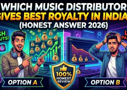 Best royalty music distributor India 2026 comparison showing net royalty calculation across DistroKid TuneCore CD Baby RouteNote The Black Turn including caller tune impact for Indian artists