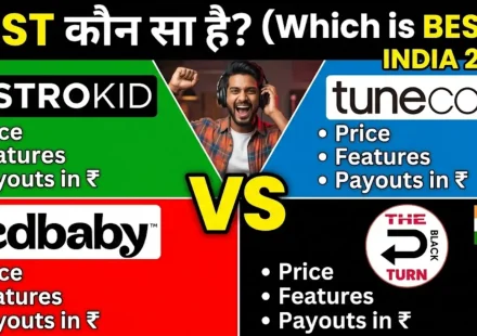 DistroKid vs TuneCore vs CD Baby vs The Black Turn India 2026 comparison chart showing pricing royalty caller tune coverage and India specific features for Indian artists