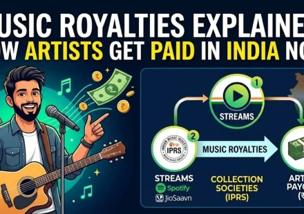 Music royalties explained for Indian artists 2026 showing 5 types of royalties streaming performance mechanical sync and caller tune with IPRS PPL ISAMRA registration process