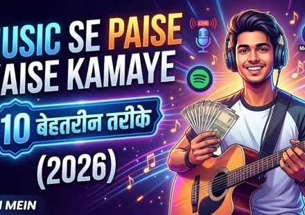Music se paise kaise kamaye 2026 10 tarike Hindi guide showing streaming caller tune YouTube sync licensing and live performance income for Indian independent artists
