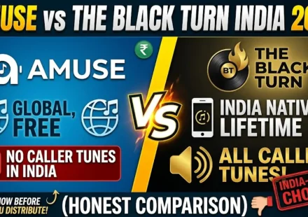 Amuse vs The Black Turn India 2026 comparison chart showing free tier vs lifetime model caller tune coverage INR pricing and royalty pass-through for Indian artists