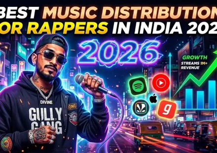 Best music distribution for rappers India 2026 showing Hindi rap Punjabi rap English rap regional rap sub-segments with caller tune YouTube Spotify editorial coverage