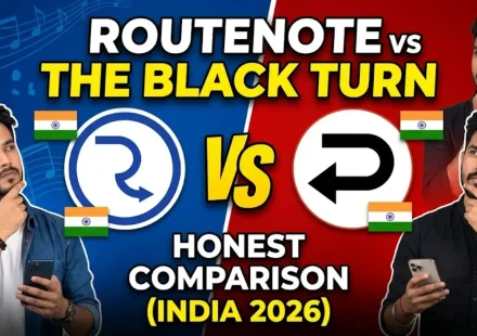 RouteNote vs The Black Turn India 2026 honest comparison showing free tier vs lifetime model caller tune coverage INR pricing and royalty pass-through for Indian artists