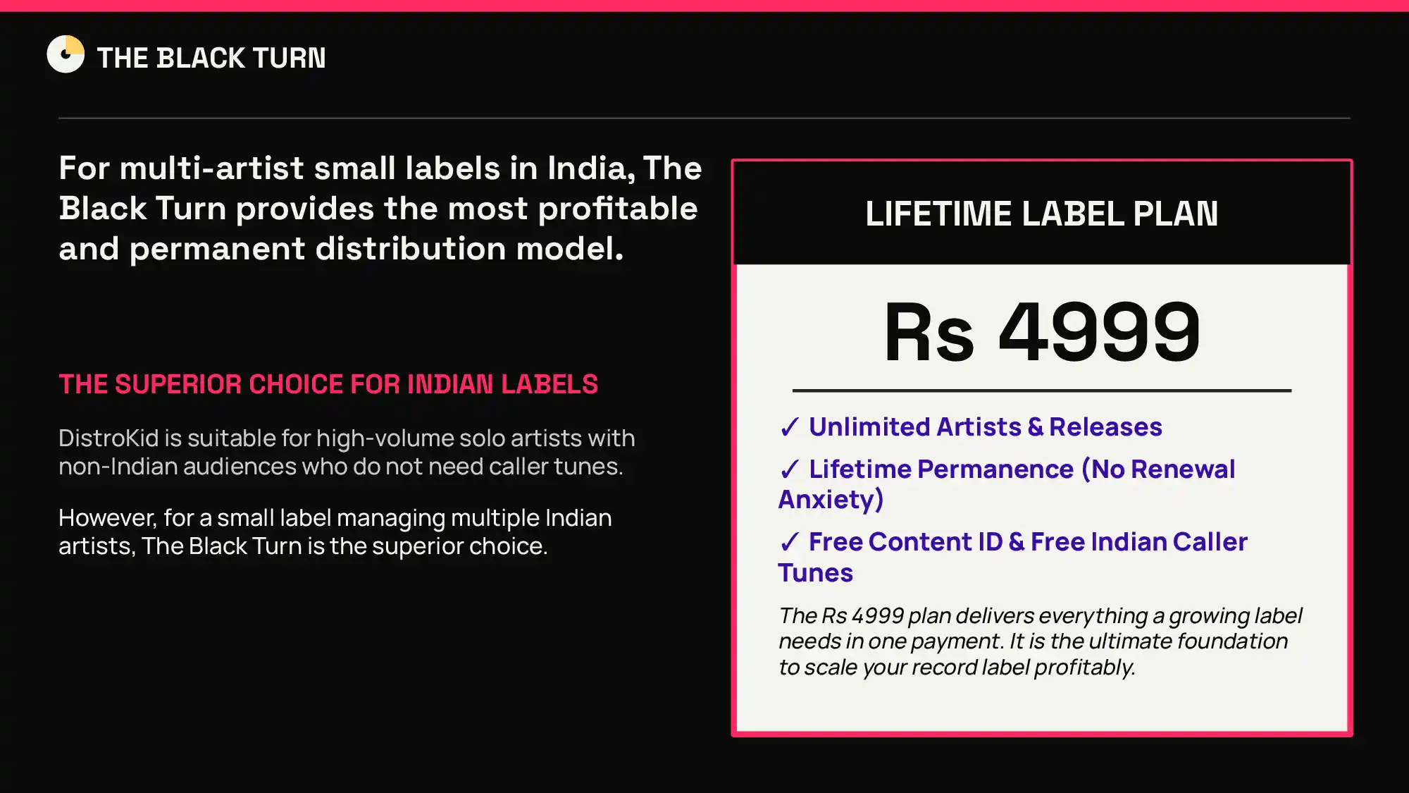 Best Music Distribution for Small Labels in India (2026) 18 The Black Turn Lifetime Label Plan at Rs 4999 with unlimited artists and releases, lifetime permanence, free Content ID and caller tunes