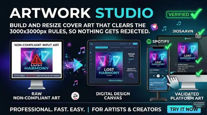 The Black turn - Home Artwork Studio 3000x3000px cover art validator and resizer for music distribution platforms in India