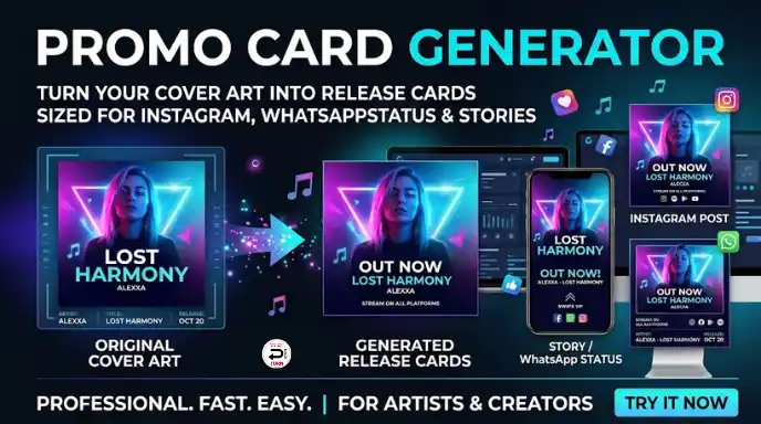 The Black turn - Home Promo Card Generator tool for music distribution in India to create social media release cards for Instagram and WhatsApp status